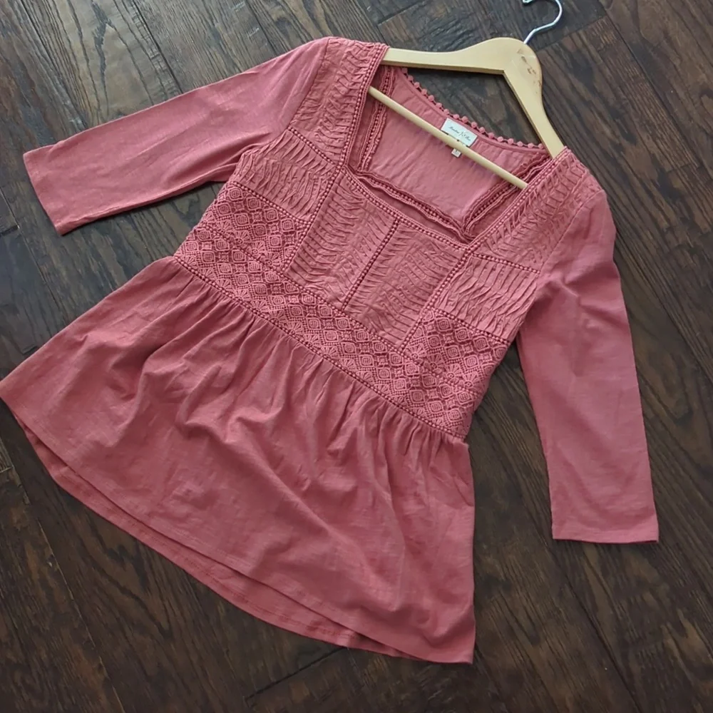 ANTHRO I Terra Cotta Nosara Crochet Lace Peplum Shirt Top by Meadow Rue, S